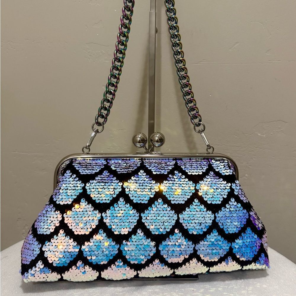 Unique Sequined Leather Handmade Kiss-lock Frame Clutch/Shoulder Bag/Crossbody